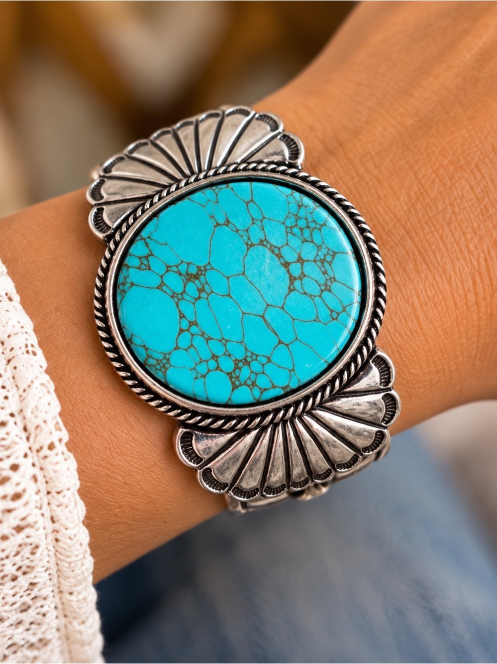 Atterri Turquoise Statement Cuff Bracelet Silver Boho Western NWT